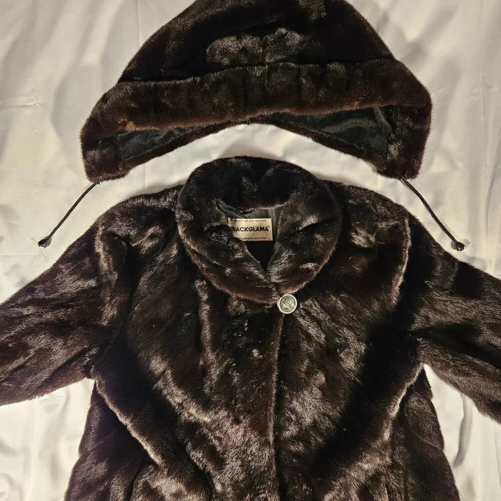 BLACKGLAMA Dark Ranch Mink Fur Coat‎ - Size 12 - Perfect Condition with Hood